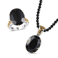 EverTrue 2 Piece Set Thai Black Spinel Ring (Size 11.00) and Pendant with Beaded Necklace (20 Inches) in 18K YG Plated and Platinum Bond 78.90 ctw