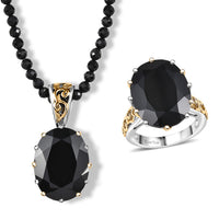 EverTrue 2 Piece Set Thai Black Spinel Ring (Size 11.00) and Pendant with Beaded Necklace (20 Inches) in 18K YG Plated and Platinum Bond 78.90 ctw