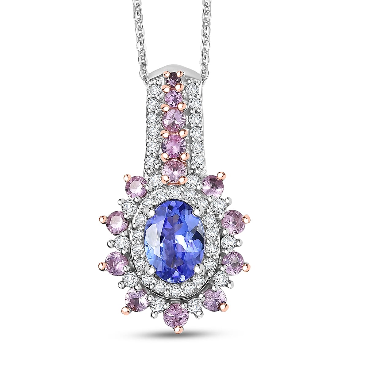 D'Joy Premium Tanzanite and Multi Gemstone 1.60 ctw Pendant Necklace in Rhodium Over Sterling Silver 20 Inches