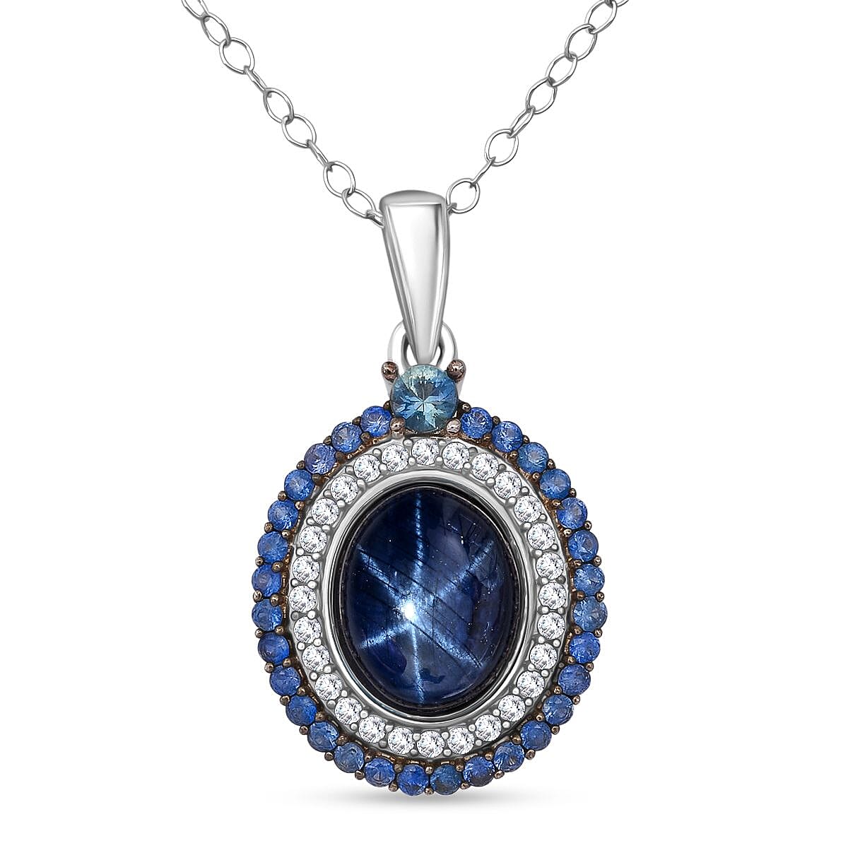 D'Joy Premium Blue Star Sapphire (DF) and Multi Gemstone 5.75 ctw Royal Starflare Pendant Necklace in Rhodium Over Sterling Silver 20 Inches
