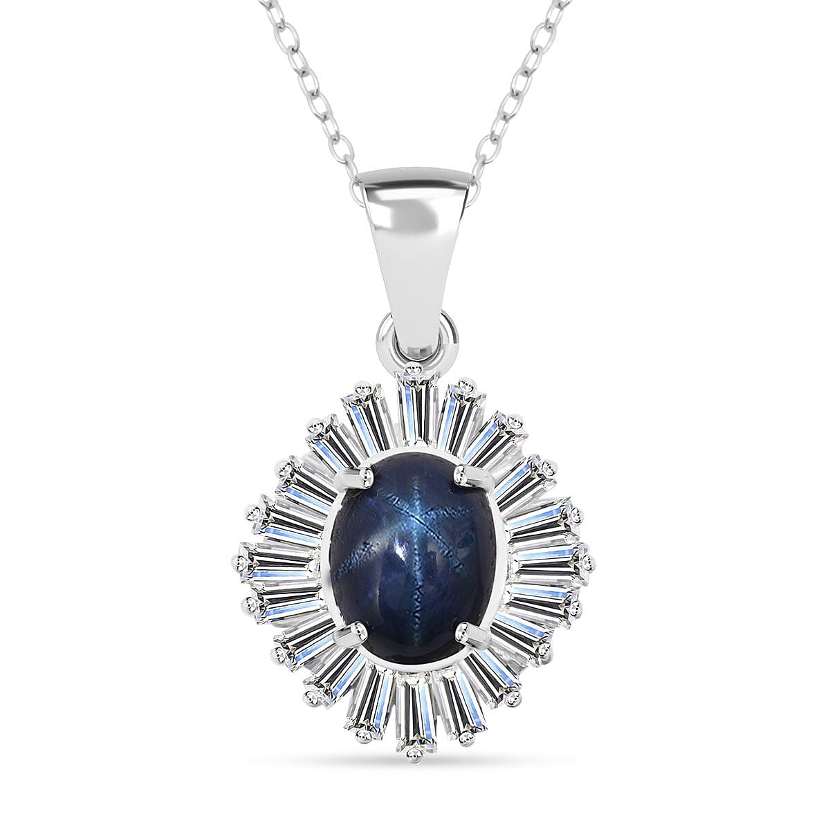 D'Joy Premium Blue Star Sapphire (DF) and Moissanite 3.15 ctw Celestial Crown Pendant Necklace in Rhodium Over Sterling Silver 20 Inches