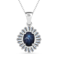 D'Joy Premium Blue Star Sapphire (DF) and Moissanite 3.15 ctw Celestial Crown Pendant Necklace in Rhodium Over Sterling Silver 20 Inches