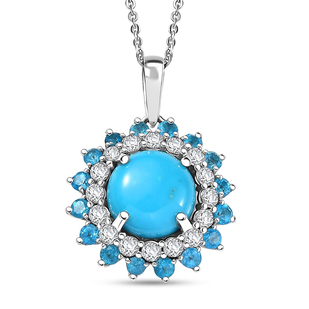 D'Joy Premium Sleeping Beauty Turquoise and Multi Gemstone 3.80 ctw Ocean Bloom Pendant Necklace 20 Inches in Rhodium Over Sterling Silver
