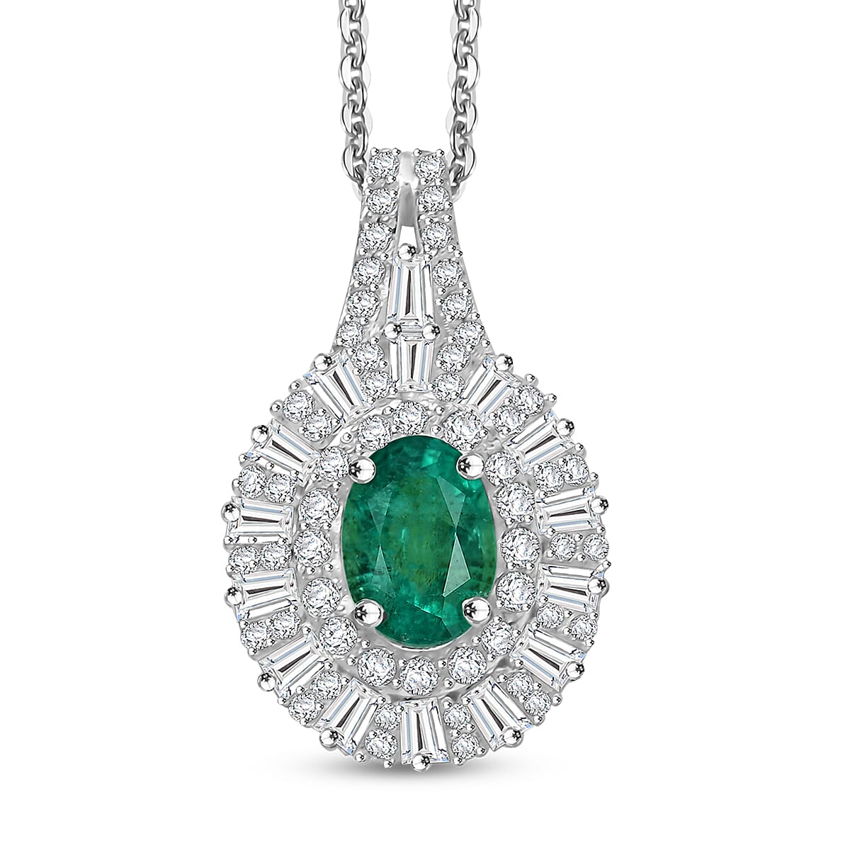 D'Joy Premium Kagem Zambian Emerald, Moissanite Pendant Necklace in Rhodium Over Sterling Silver (20 Inches) 1.50 ctw
