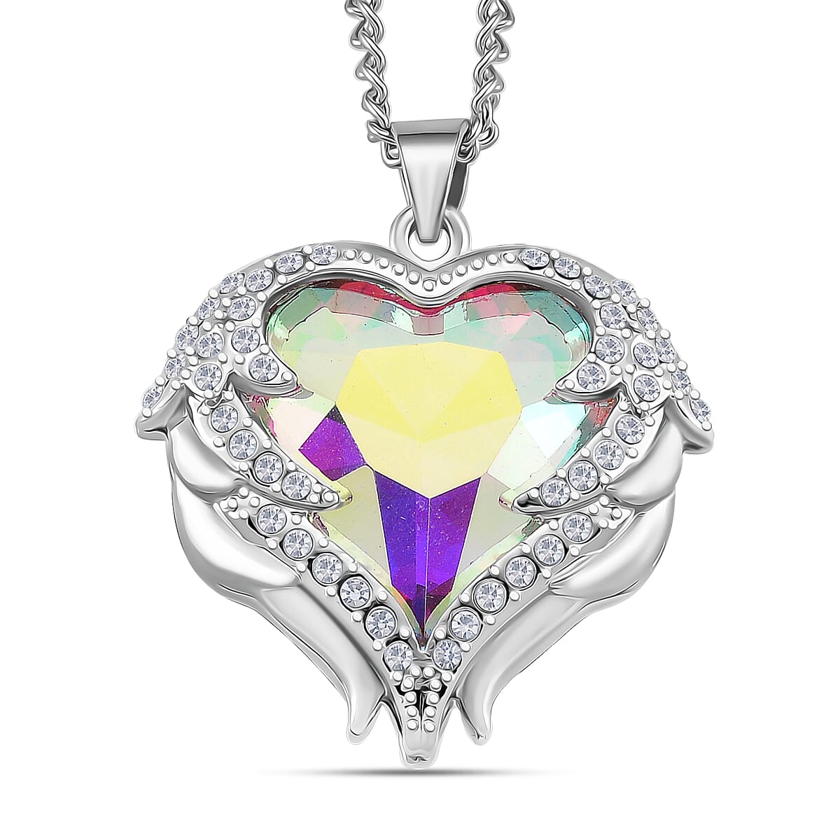 White Aurora Borealis Glass and Austrian Crystal Heart Pendant Necklace in Silvertone 24-26 Inches