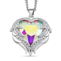 White Aurora Borealis Glass and Austrian Crystal Heart Pendant Necklace in Silvertone 24-26 Inches