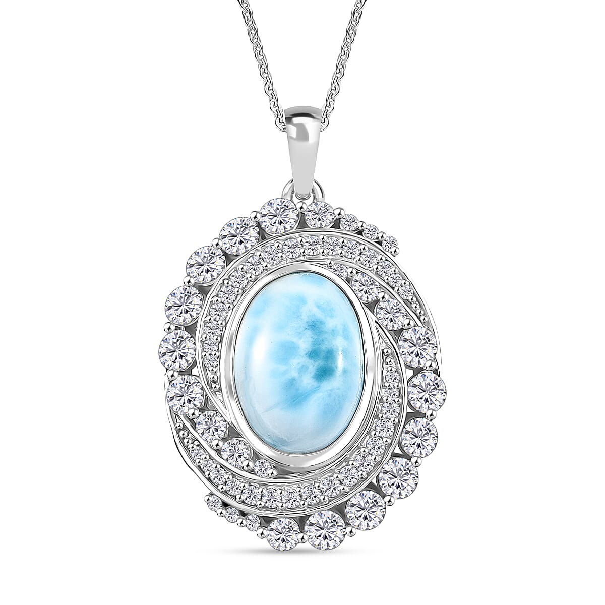 D'Joy Larimar and White Zircon 10.65 ctw Pendant Necklace in Rhodium Over Sterling Silver 20 Inches
