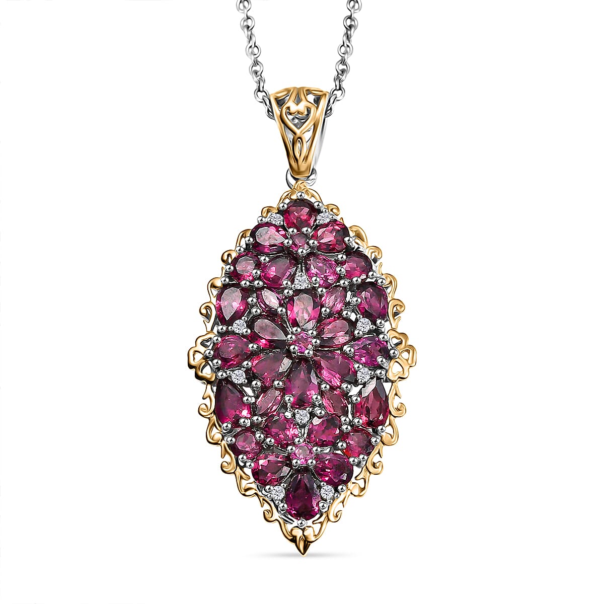 EverTrue Orissa Rhodolite Garnet 6.50 ctw Bunch of Flowers Pendant in 18K YG Plated and Platinum Bond with Stainless Steel Necklace 20 Inches