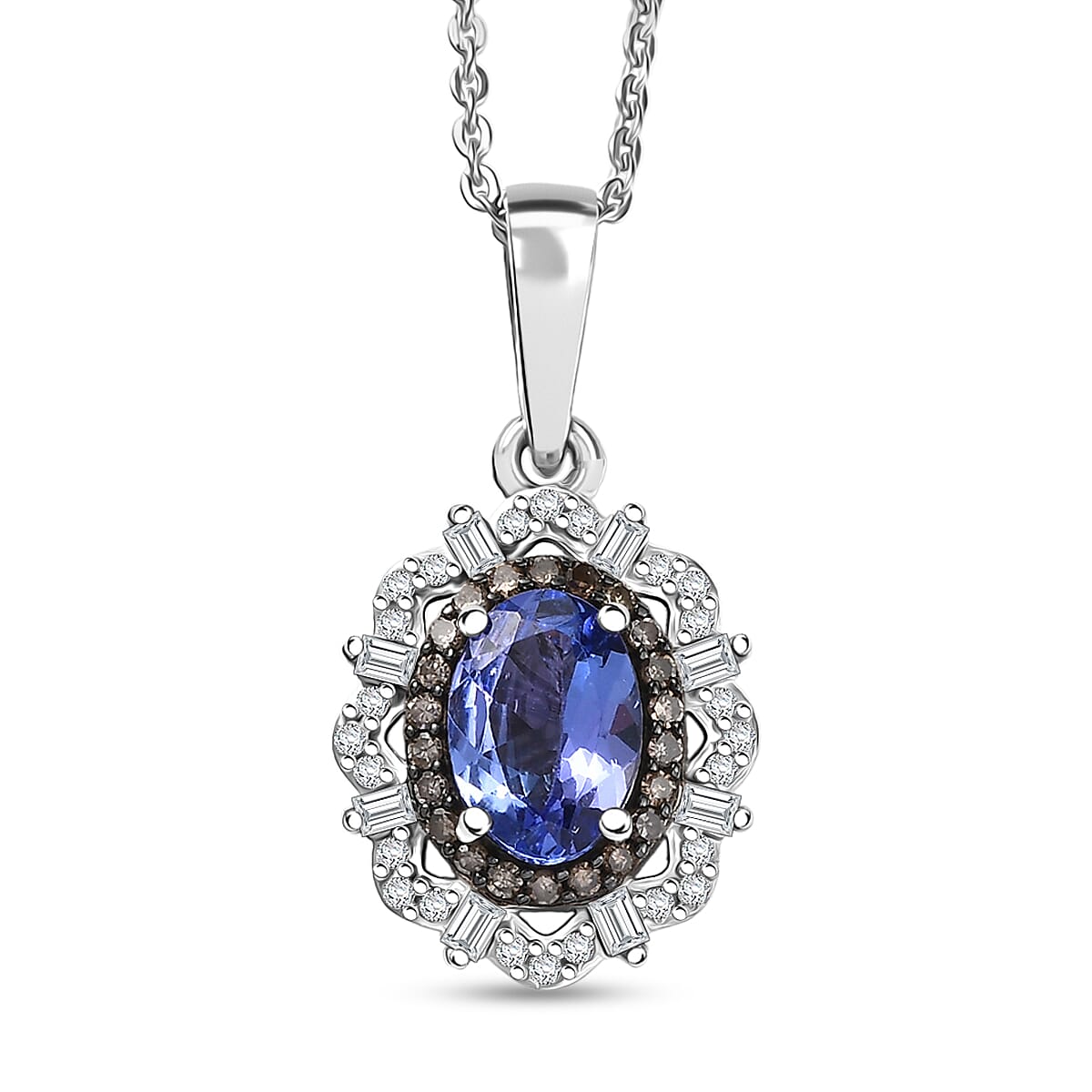 D'Joy Premium Tanzanite, Natural Champagne and White Diamond 1.00 ctw Floral Halo Pendant Necklace 20 Inches in Rhodium Over Sterling Silver