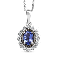 D'Joy Premium Tanzanite, Natural Champagne and White Diamond 1.00 ctw Floral Halo Pendant Necklace 20 Inches in Rhodium Over Sterling Silver