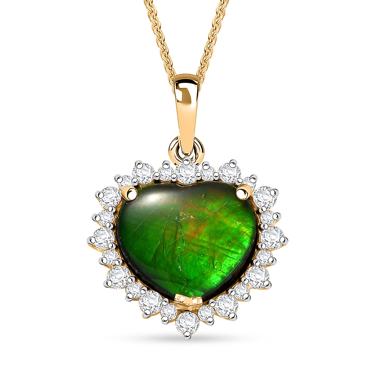 D'Joy Canadian Ammolite and Moissanite 0.50 ctw Heart of the Aurora Pendant Necklace 20 Inches in 18K Vermeil Yellow Gold Over Sterling Silver