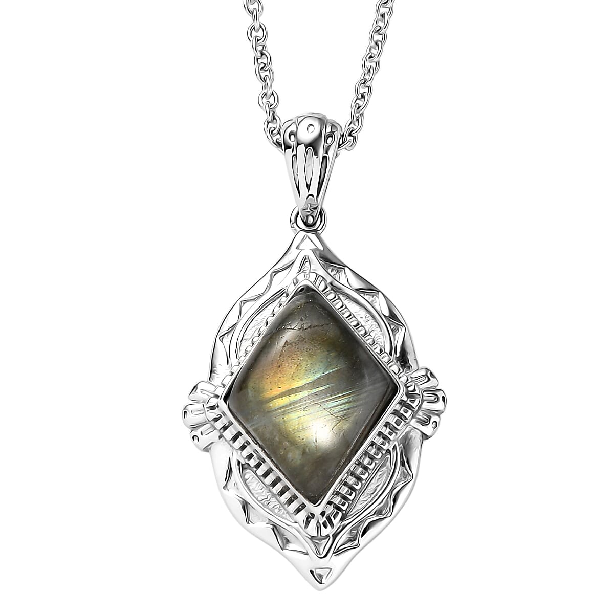 EverTrue Malagasy Labradorite Kite Drop Pendant Necklace in Stainless Steel 6.50 ctw (20 Inches)