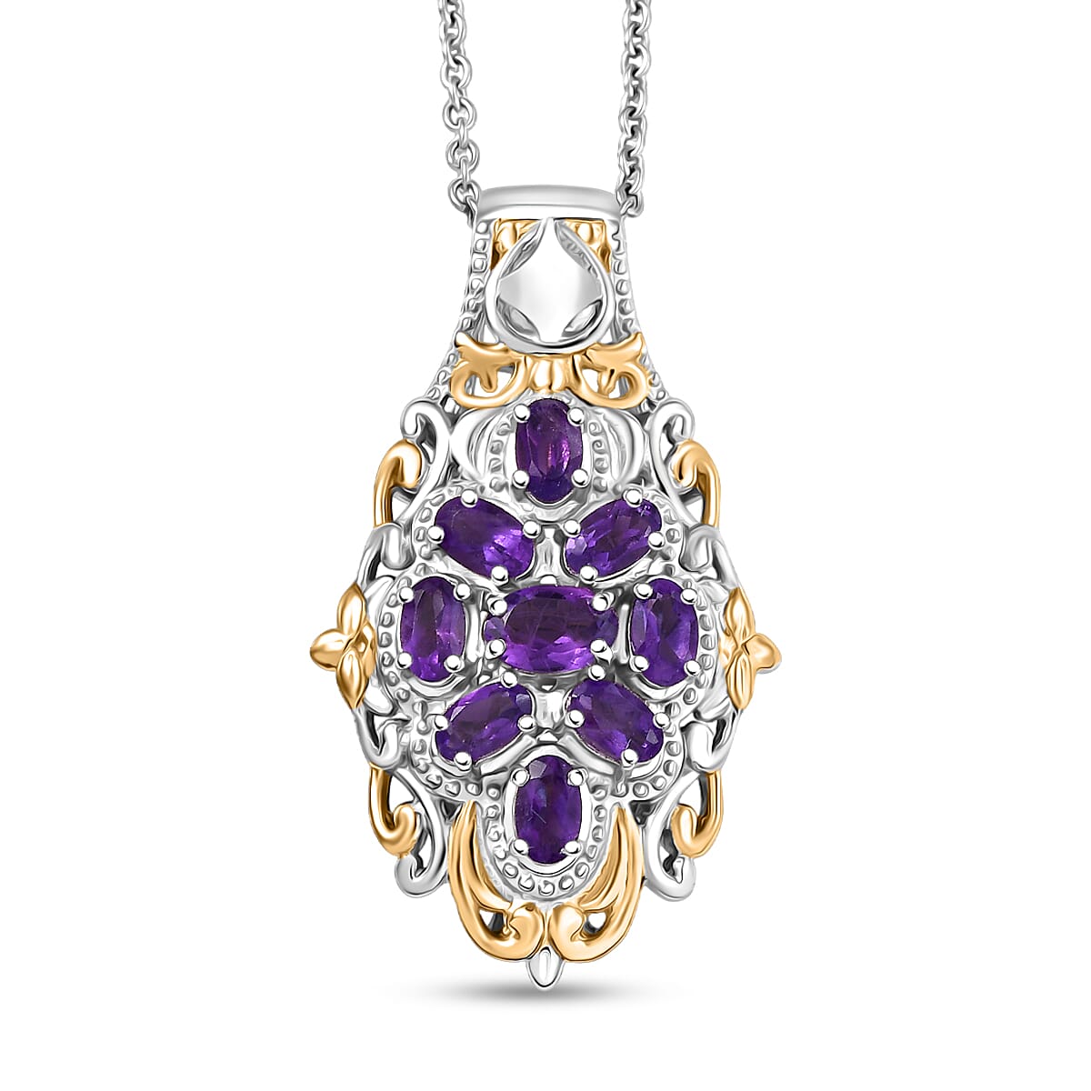 EverTrue African Amethyst Pendant in Platinum Bond with Stainless Steel Necklace (20 Inches) 2.24 ctw