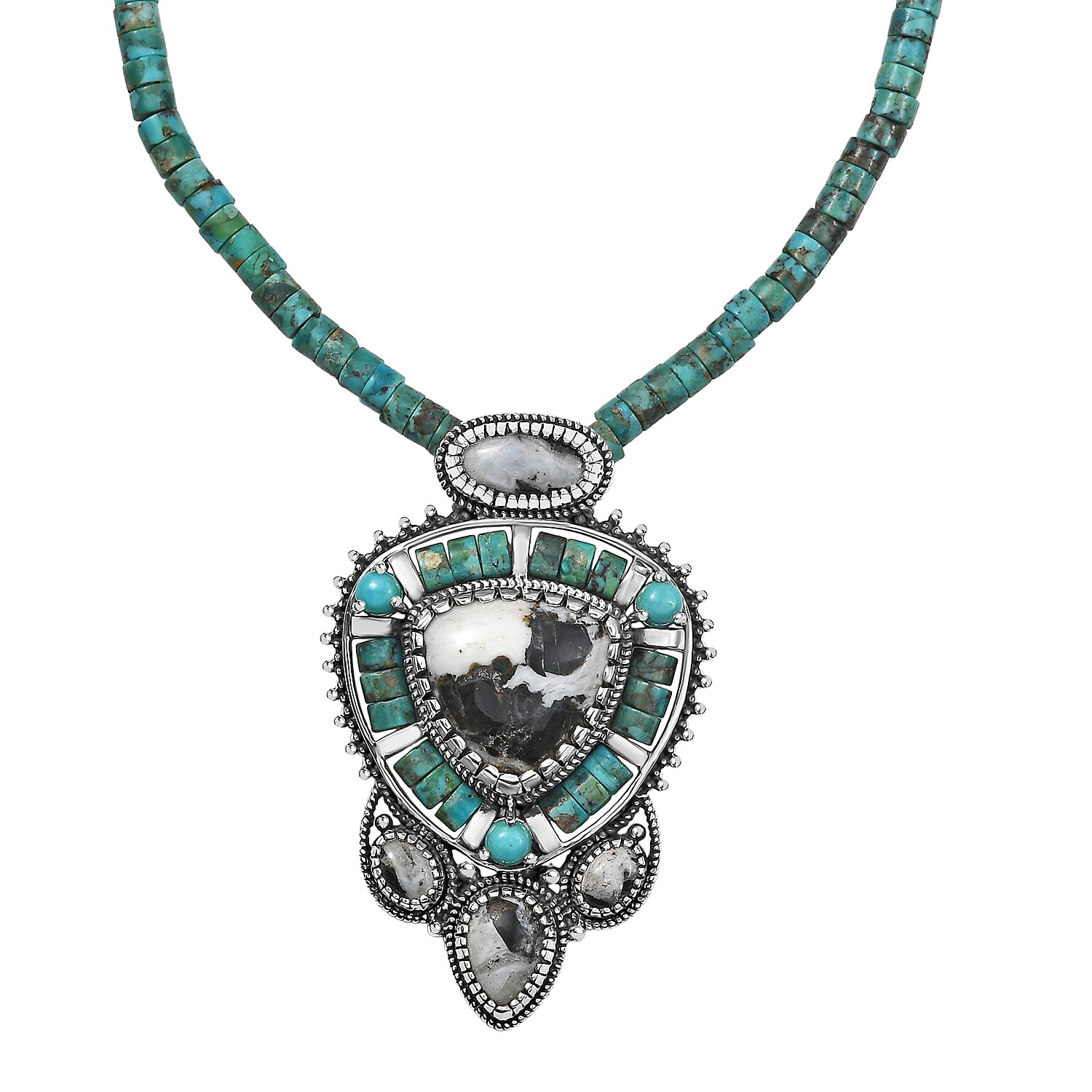 D'Joy Artisan Crafted White Buffalo and Royston Turquoise 84.60 ctw Pendant with Beaded Necklace in Sterling Silver 20 Inches