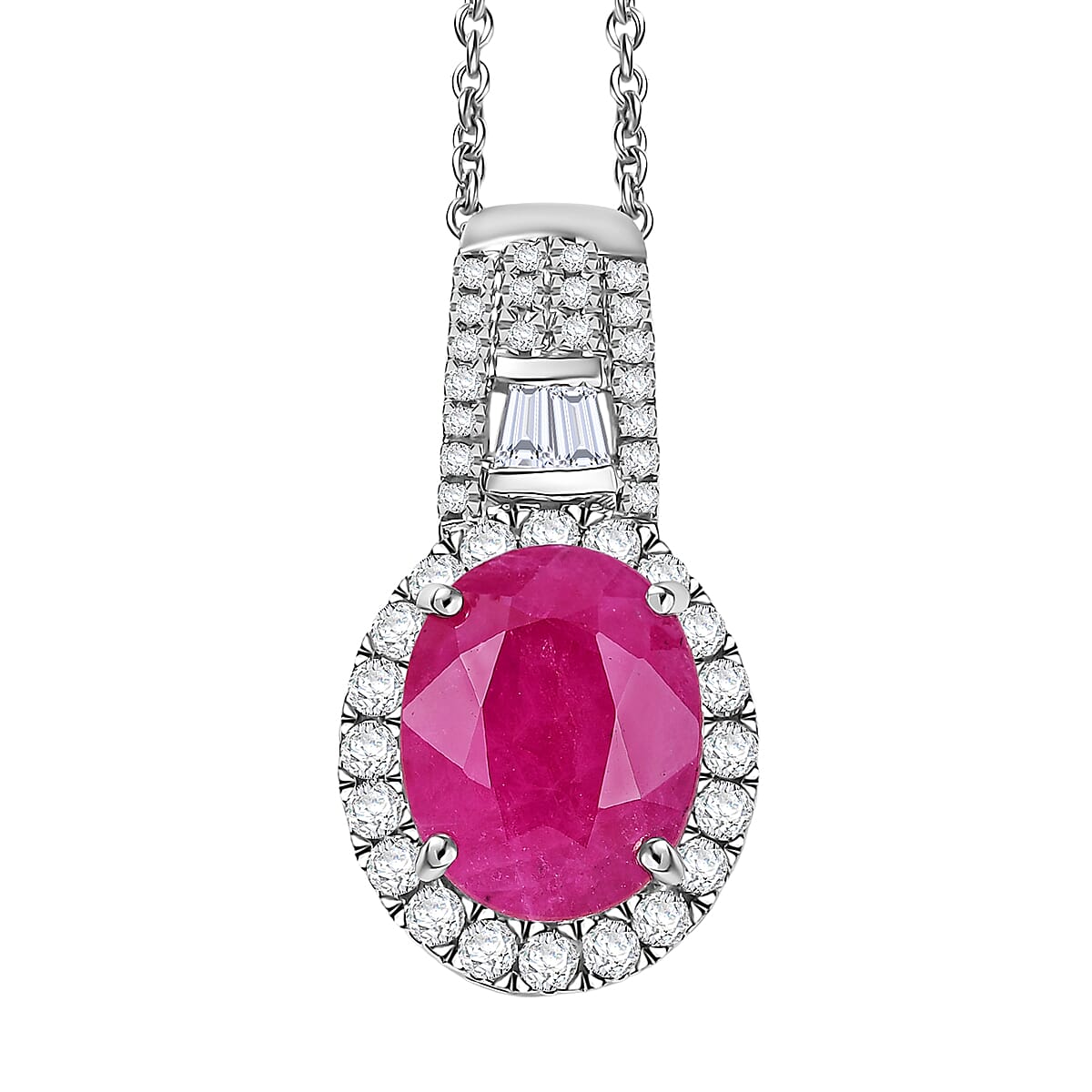 Luxoro AAA Montepuez Ruby and G-H I2 Diamond 3.40 ctw Classic Halo Pendant Necklace in 10K White Gold 20 Inches