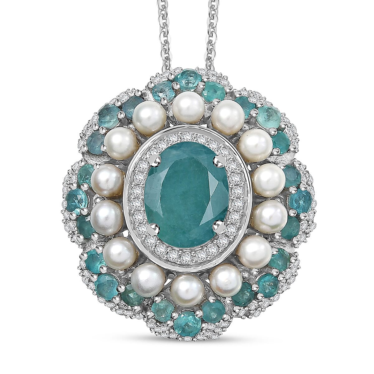 D'Joy Premium Grandidierite and Multi Gemstone 3.25 ctw Art Deco Pendant Necklace in Rhodium Over Sterling Silver 20 Inches