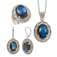 3 Piece Set - EverTrue Malagasy Labradorite Earrings, Ring (Size 6) and Pendant in 18K YG Plated and Platinum Bond with Stainless Steel Chain (20 Inches)  36.60 ctw