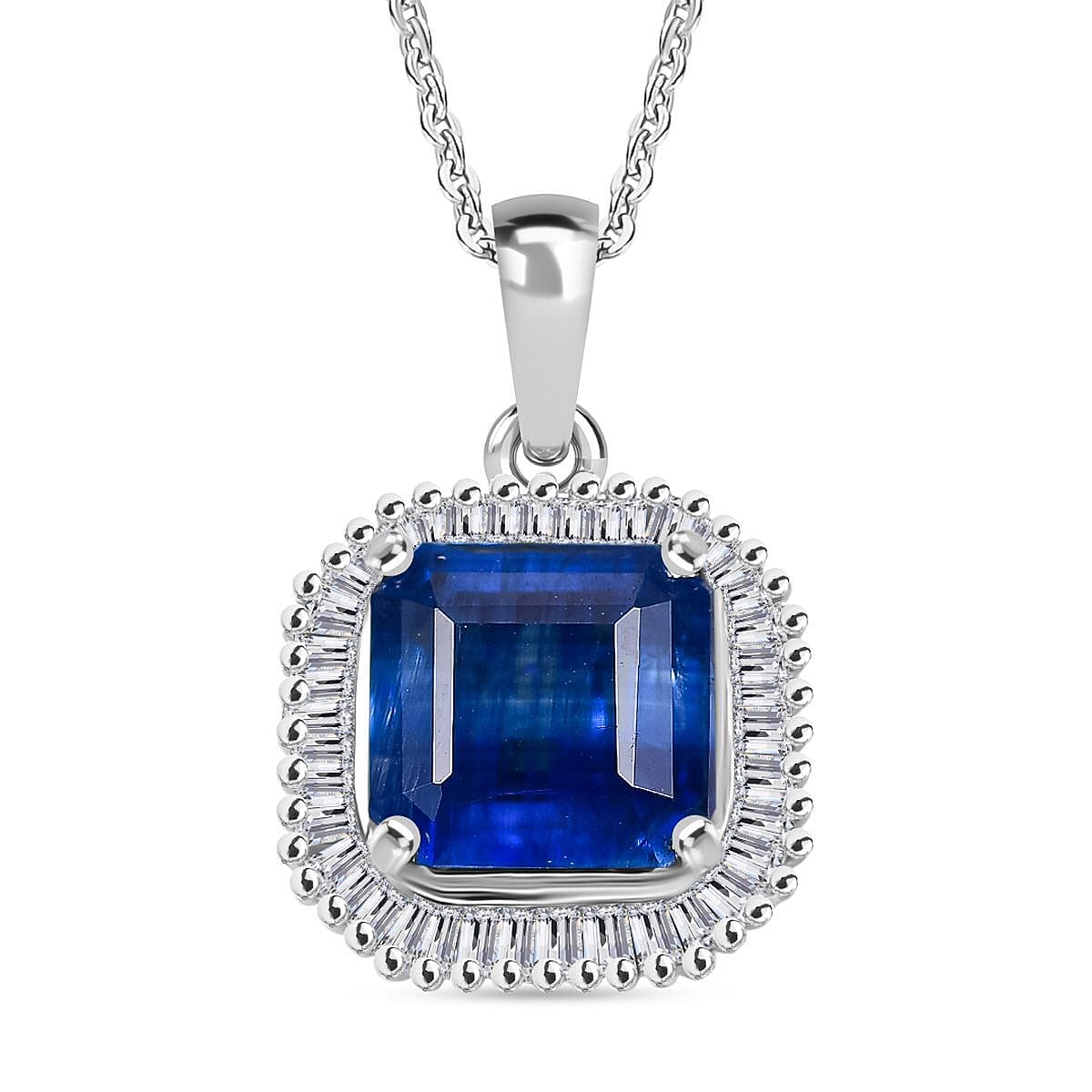D'Joy Asscher Cut Kashmir Kyanite and Diamond 3.00 ctw Stargate Majesty Pendant Necklace in Rhodium Over Sterling Silver 20 Inches