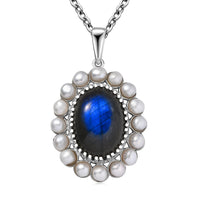 EverTrue AAA Malagasy Labradorite, Freshwater Pearl Eclipse Pendant in Platinum Bond with Stainless Steel Necklace 6.10 ctw (20 Inches)