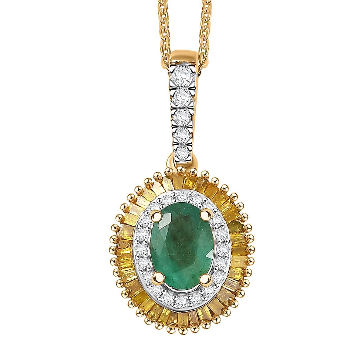 D'Joy Premium Kagem Zambian Emerald and Diamond 1.15 ctw Halo Pendant Necklace in 18K Vermeil Yellow Gold Over Sterling Silver 20 Inches