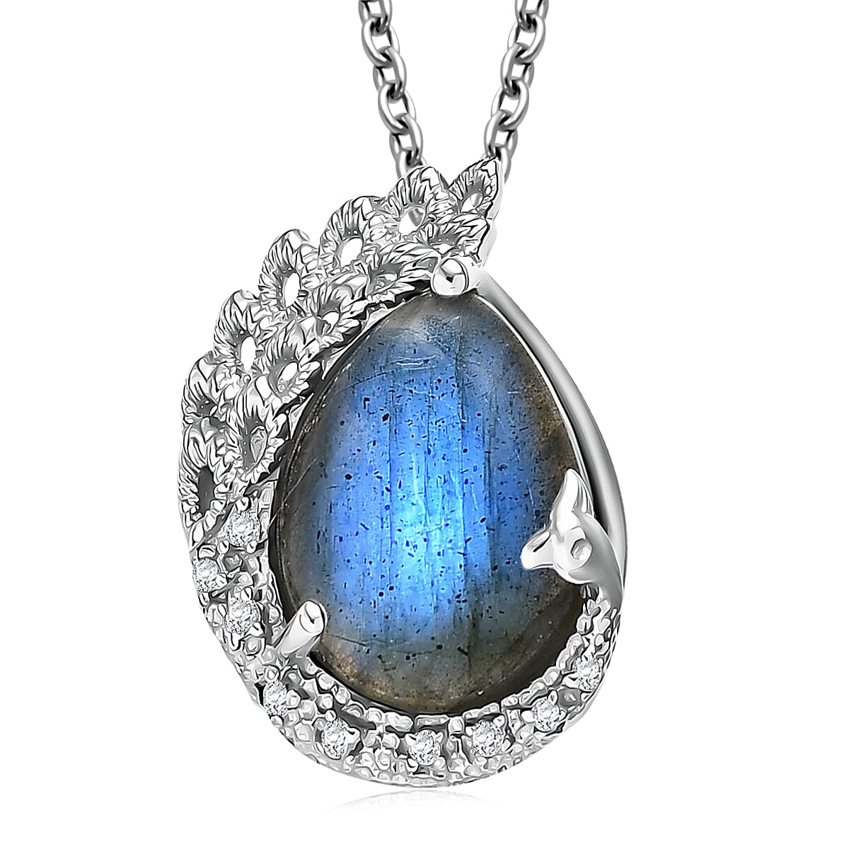 EverTrue AAA Malagasy Labradorite, White Zircon Pendant in Platinum Bond with Stainless Steel Necklace 8.90 ctw (20 Inches)