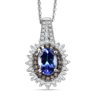 D'Joy Premium Tanzanite, Natural Champagne and White Diamond (0.39 cts) Sunburst Halo Pendant Necklace (20 Inches) in Rhodium Over Sterling Silver 1.30 ctw
