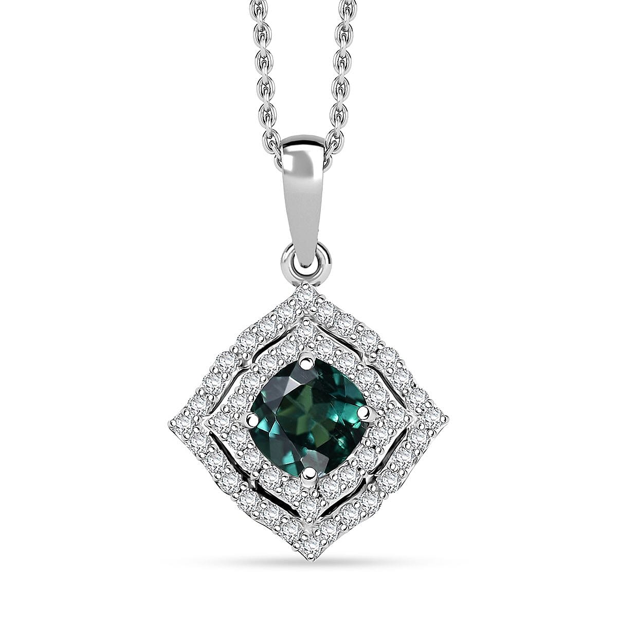 Certified & Appraised Luxoro AAA Pirineu Lagoon Tourmaline and I2 Diamond 1.21 ctw Pendant Necklace 20 Inches in 10K White Gold 4.94 Grams