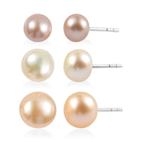 Set of 3 - Freshwater Peach, White and Pink Pearl Stud Earrings in Sterling Silver