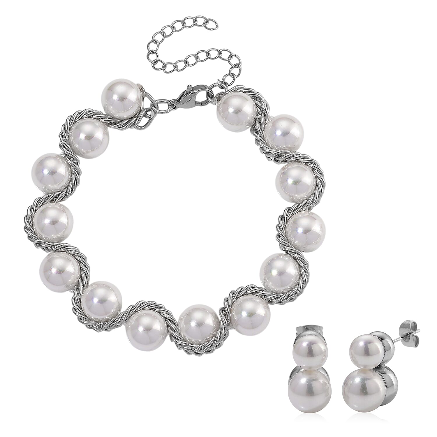 White Shell Pearl Bracelet (7.75-9.75In) and Stud Earrings in Stainless Steel