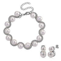 White Shell Pearl Bracelet (7.75-9.75In) and Stud Earrings in Stainless Steel