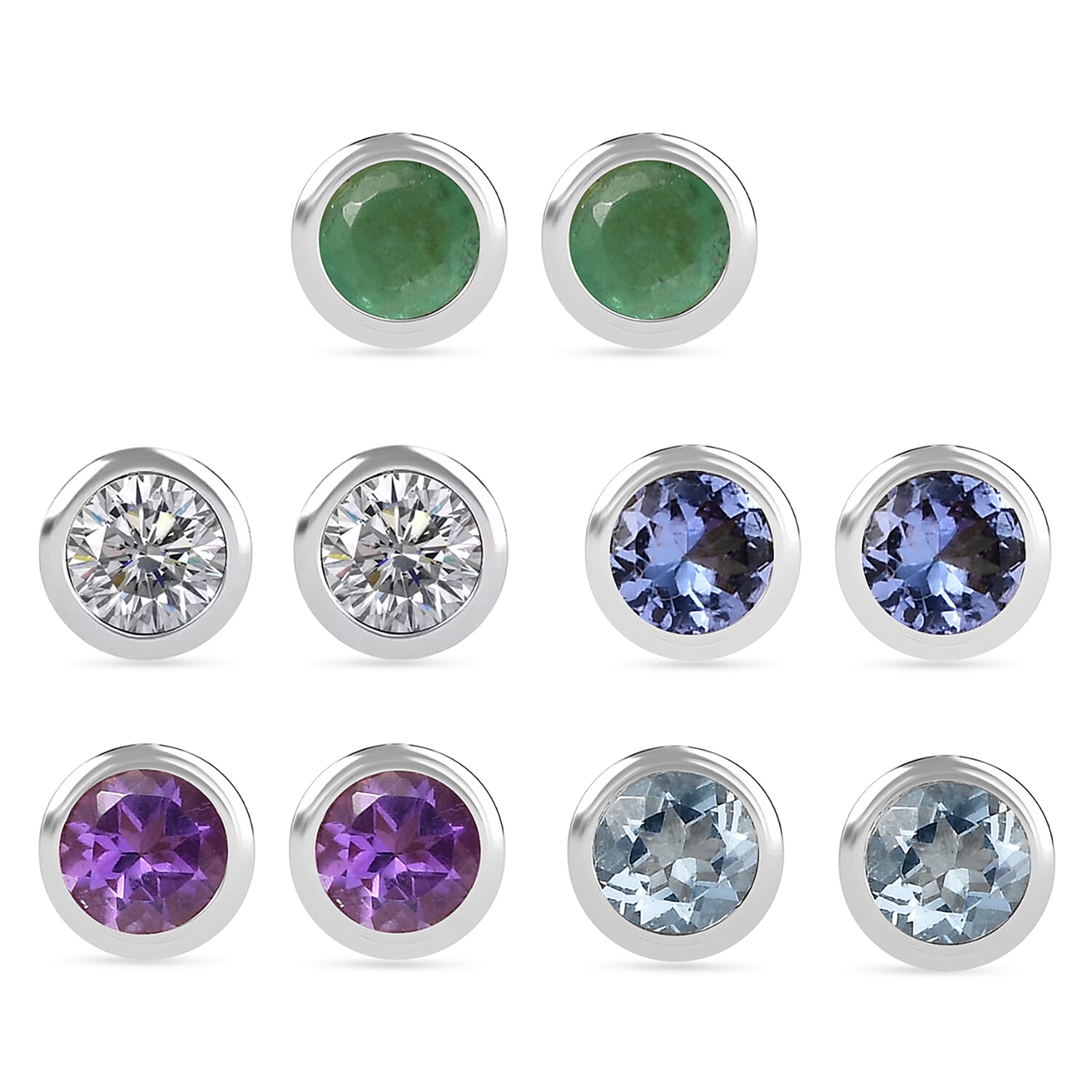 Set of 5 - D'Joy Poke Free Multi Gemstone 2.50 ctw Solitaire Stud Earrings in Rhodium Over Sterling Silver