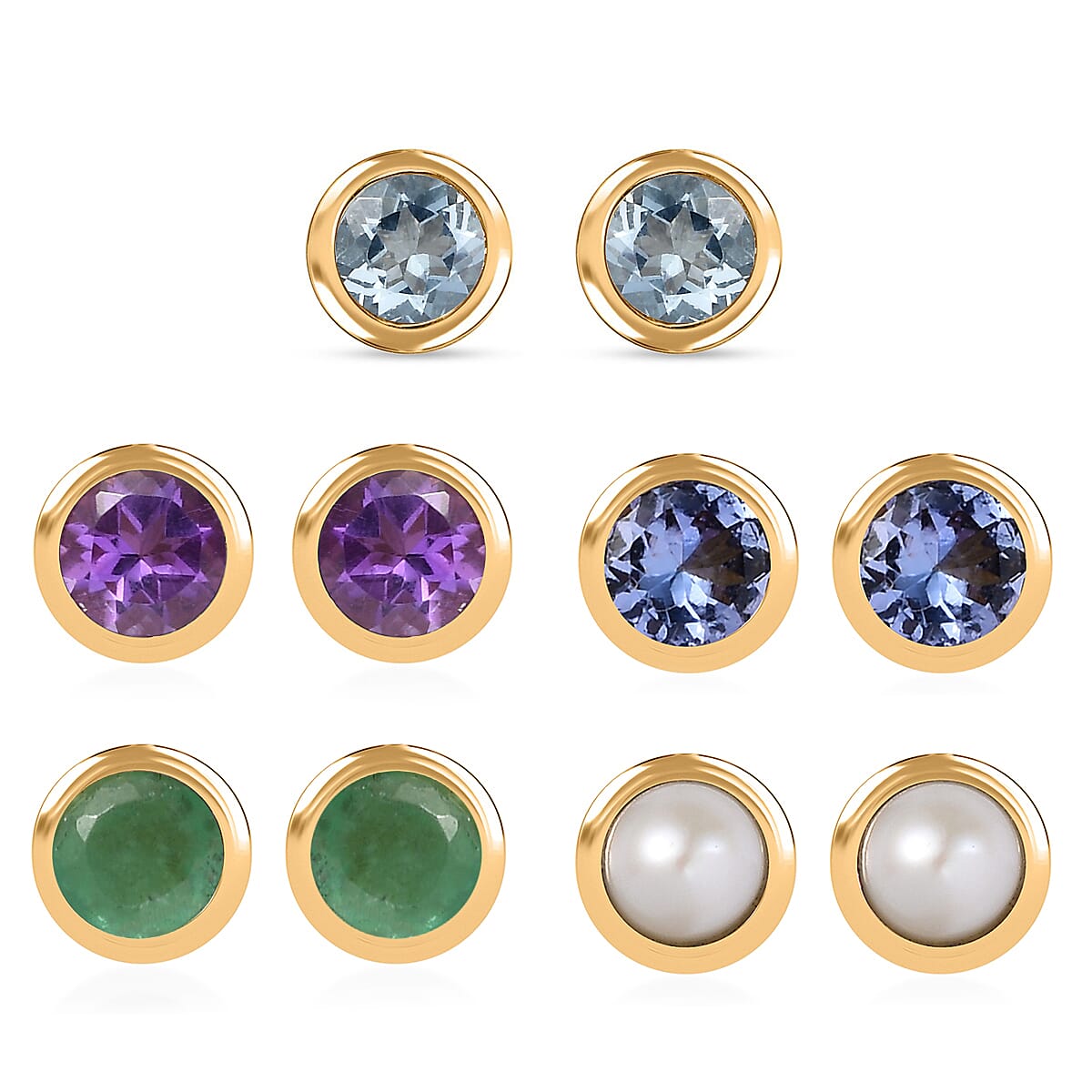 Set of 5 - D'Joy Poke Free Multi Gemstone 2.50 ctw Solitaire Stud Earrings in 18K Vermeil Yellow Gold Over Sterling Silver