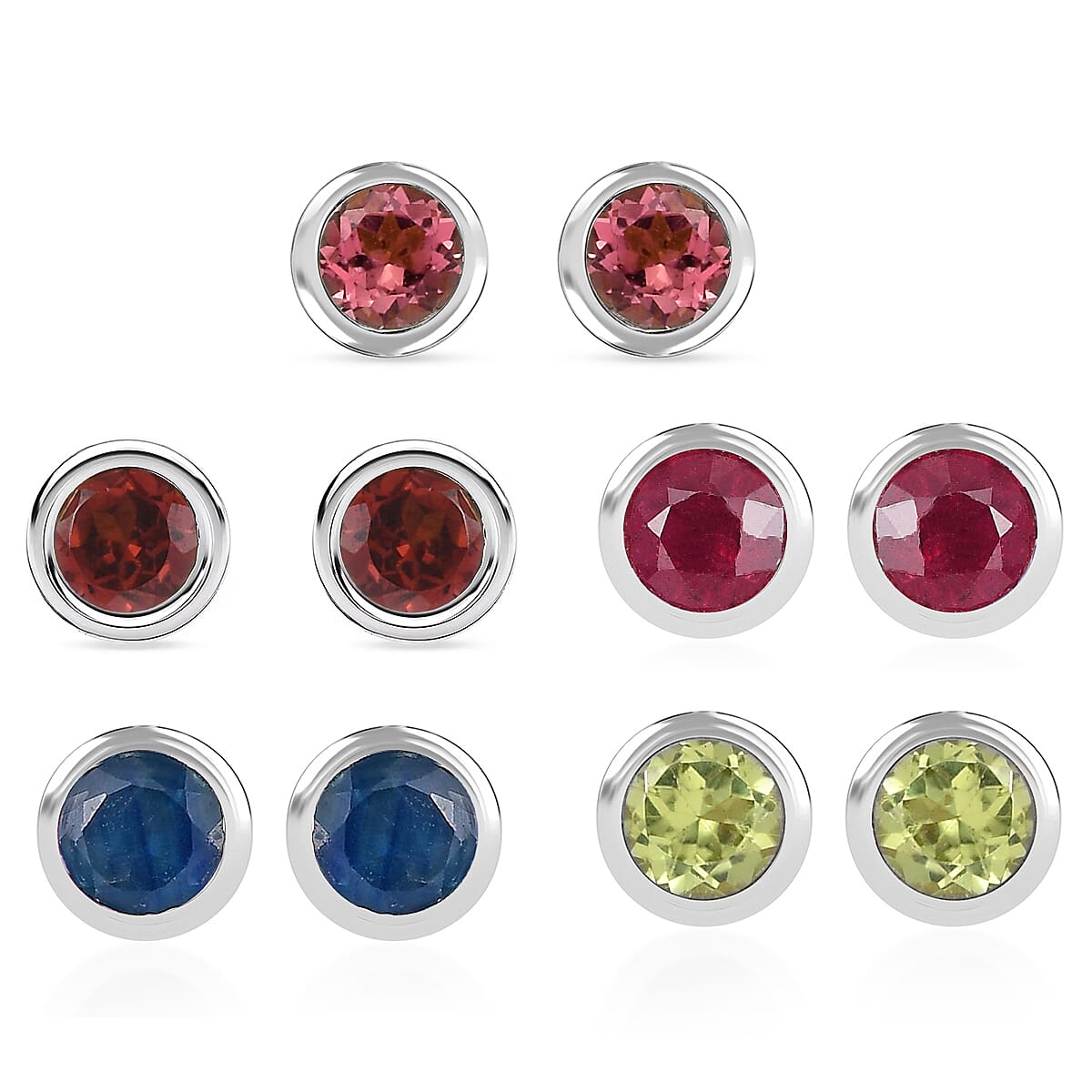 Set of 5 - D'Joy Poke Free Multi Gemstone 3.30 ctw Stud Earrings in Rhodium Over Sterling Silver