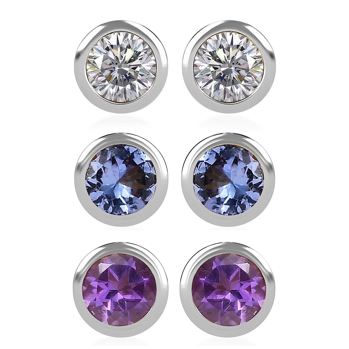 Set of 3 - D'Joy Poke Free Moissanite, Tanzanite and African Amethyst 1.45 ctw Stud Earrings in Rhodium Over Sterling Silver