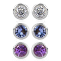 Set of 3 - D'Joy Poke Free Moissanite, Tanzanite and African Amethyst 1.45 ctw Stud Earrings in Rhodium Over Sterling Silver - Sticky add to cart bar