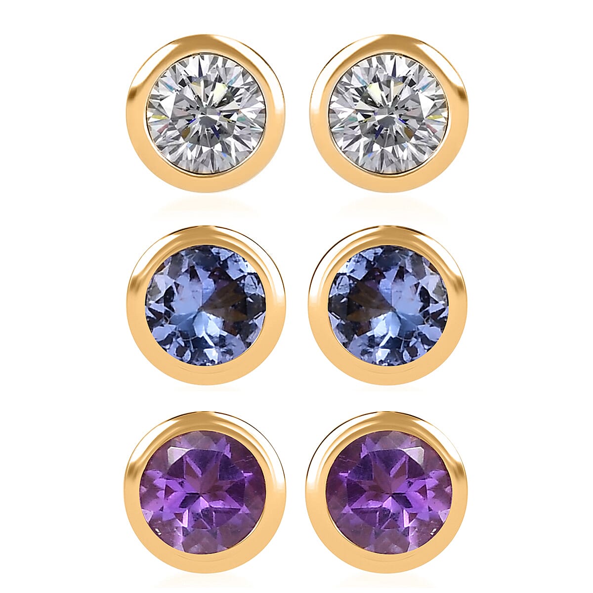 Set of 3 - D'Joy Poke Free Moissanite, Tanzanite and African Amethyst 1.56 ctw Stud Earrings in 18K Vermeil Yellow Gold Over Sterling Silver