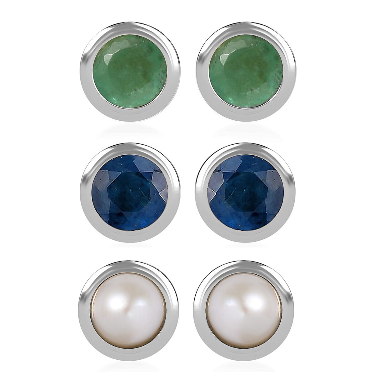 Set of 3 - D'Joy Poke Free Ceylon Blue Sapphire, Freshwater Pearl and Kagem Zambian Emerald 1.18 ctw Stud Earrings in Rhodium Over Sterling Silver
