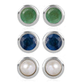 Set of 3 - D'Joy Poke Free Ceylon Blue Sapphire, Freshwater Pearl and Kagem Zambian Emerald 1.18 ctw Stud Earrings in Rhodium Over Sterling Silver - Sticky add to cart bar