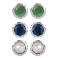 Set of 3 - D'Joy Poke Free Ceylon Blue Sapphire, Freshwater Pearl and Kagem Zambian Emerald 1.18 ctw Stud Earrings in Rhodium Over Sterling Silver