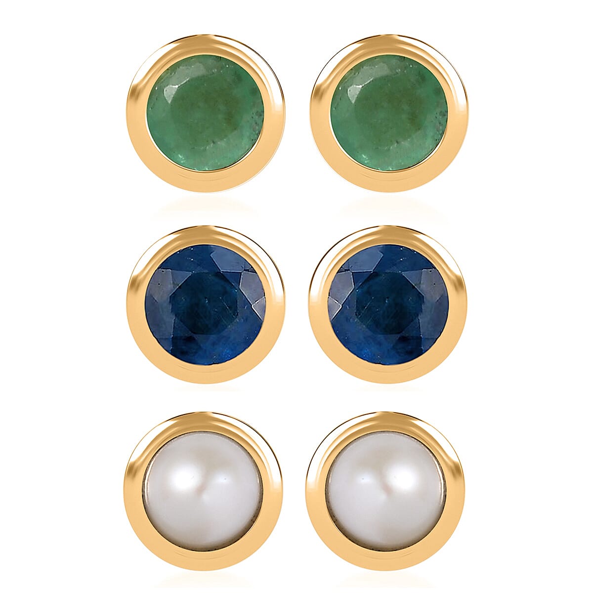 Set of 3 - D'Joy Poke Free Ceylon Blue Sapphire, Freshwater Pearl and Kagem Zambian Emerald 1.18 ctw Stud Earrings in 18K Yellow Gold Vermeil Over Sterling Silver