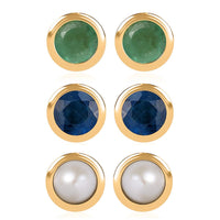 Set of 3 - D'Joy Poke Free Ceylon Blue Sapphire, Freshwater Pearl and Kagem Zambian Emerald 1.18 ctw Stud Earrings in 18K Yellow Gold Vermeil Over Sterling Silver
