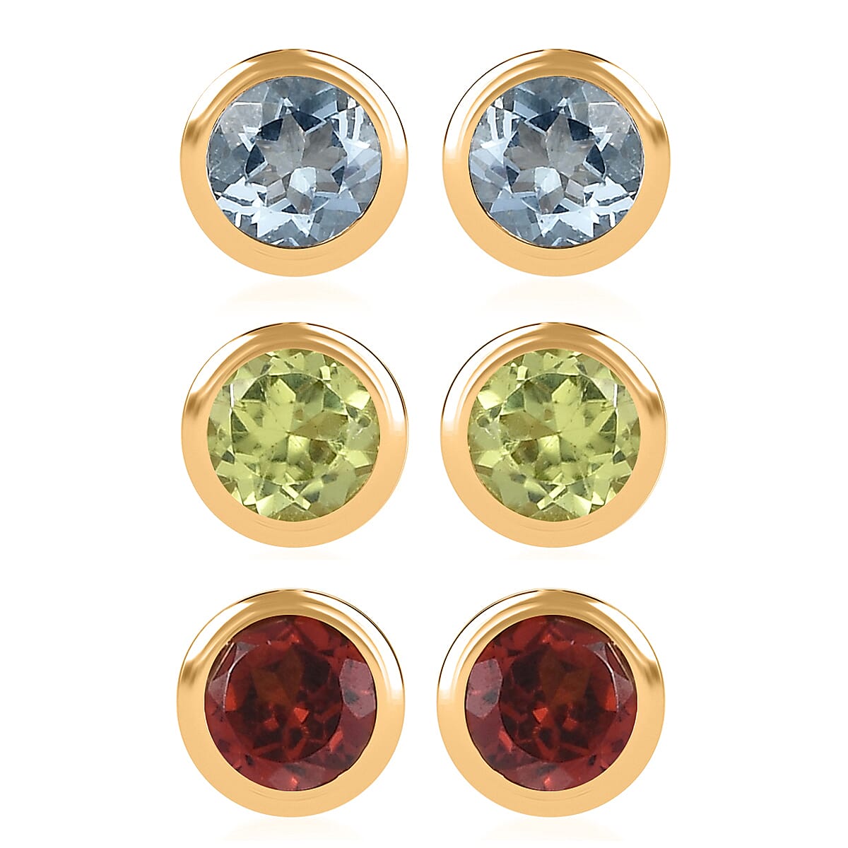 Set of 3 - D'Joy Poke Free Mozambique Garnet, Hebei Peridot and Mangoro Aquamarine 1.75 ctw Stud Earrings in 18K Vermeil Yellow Gold Over Sterling Silver