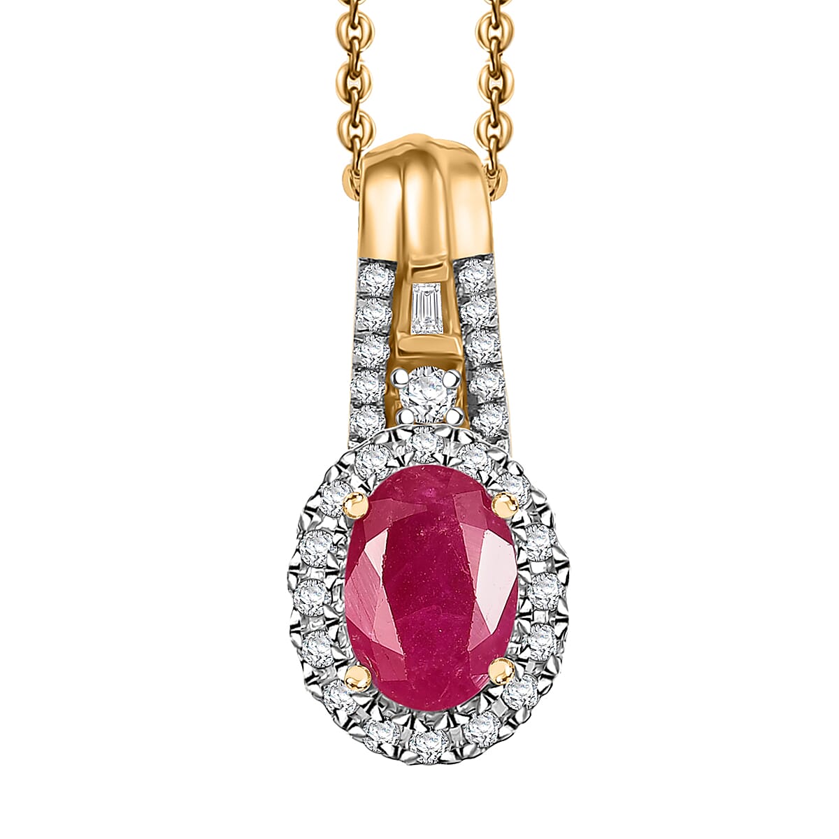 D'Joy AAA Royal Ruby and Diamond 1.40 ctw Halo Pendant Necklace in 18K Vermeil Yellow Gold Over Sterling Silver 20 Inches