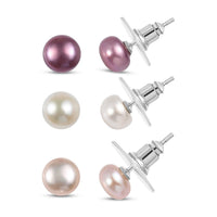 Set of 3 - Pink Pearl (D), Peach and White Freshwater Pearl Beaded Stud Earrings in Sterling Silver