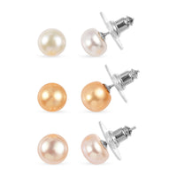 Set of 3 - Golden and Purple Pearl (D), Freshwater Pearl Beaded Stud Earrings in Sterling Silver