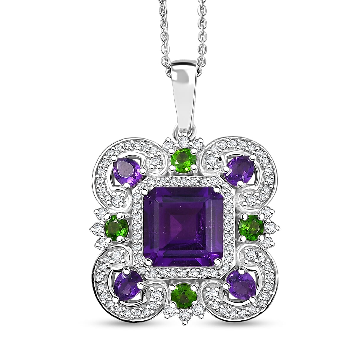 GP Royal Art Deco Collection African Amethyst, Multi Gemstone Pendant Necklace in Rhodium Over Sterling Silver 5.65 ctw  (20 Inches)