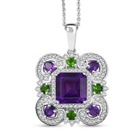 GP Royal Art Deco Collection African Amethyst, Multi Gemstone Pendant Necklace in Rhodium Over Sterling Silver 5.65 ctw  (20 Inches)