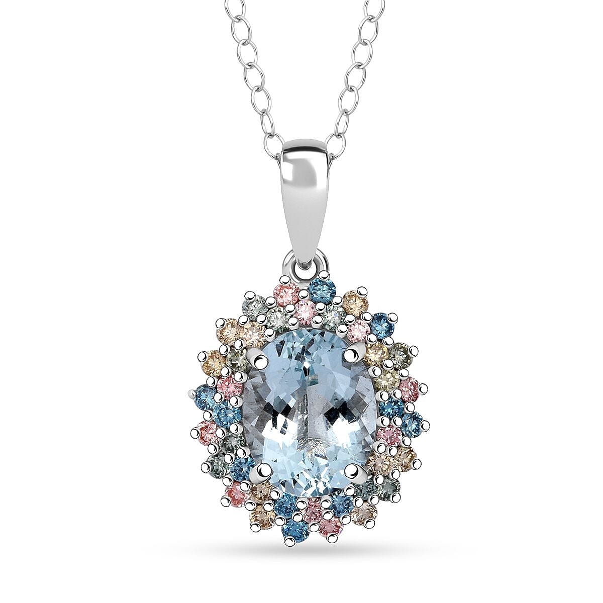 AAA Mangoro Aquamarine and SI Luxuriant Lab Grown Multi Diamond 2.90 ctw Aurora Blossom Pendant Necklace in Rhodium Over Sterling Silver 20 Inches