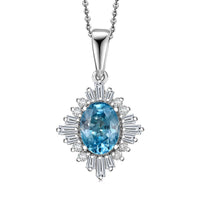 D'Joy Premium Cambodian Blue Zircon and Moissanite 2.50 ctw Royal Flare Pendant Necklace in Rhodium Over Sterling Silver 20 Inches