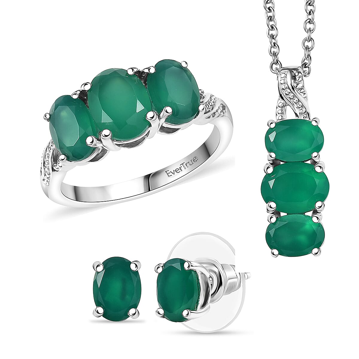 3 Piece Set - EverTrue Verde Onyx Stud Earrings, Ring (Size 5.0) and Pendant in Platinum Bond with Stainless Steel Necklace (20 Inches) 7.50 ctw